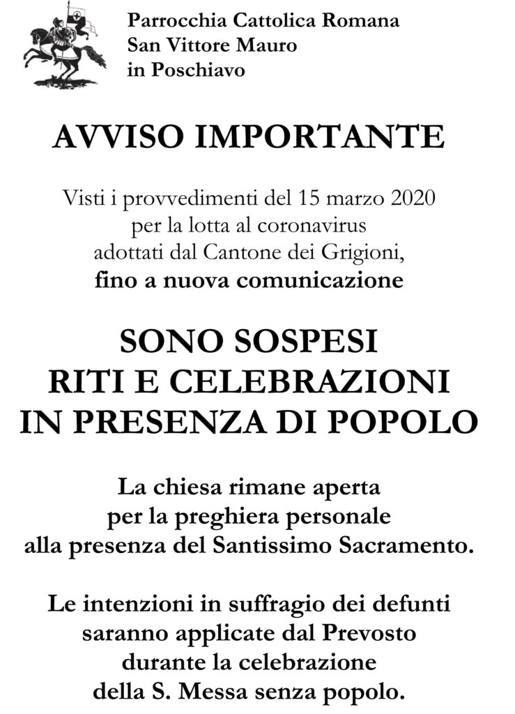 Avviso sospensione riti e celebrazioni con il popolo