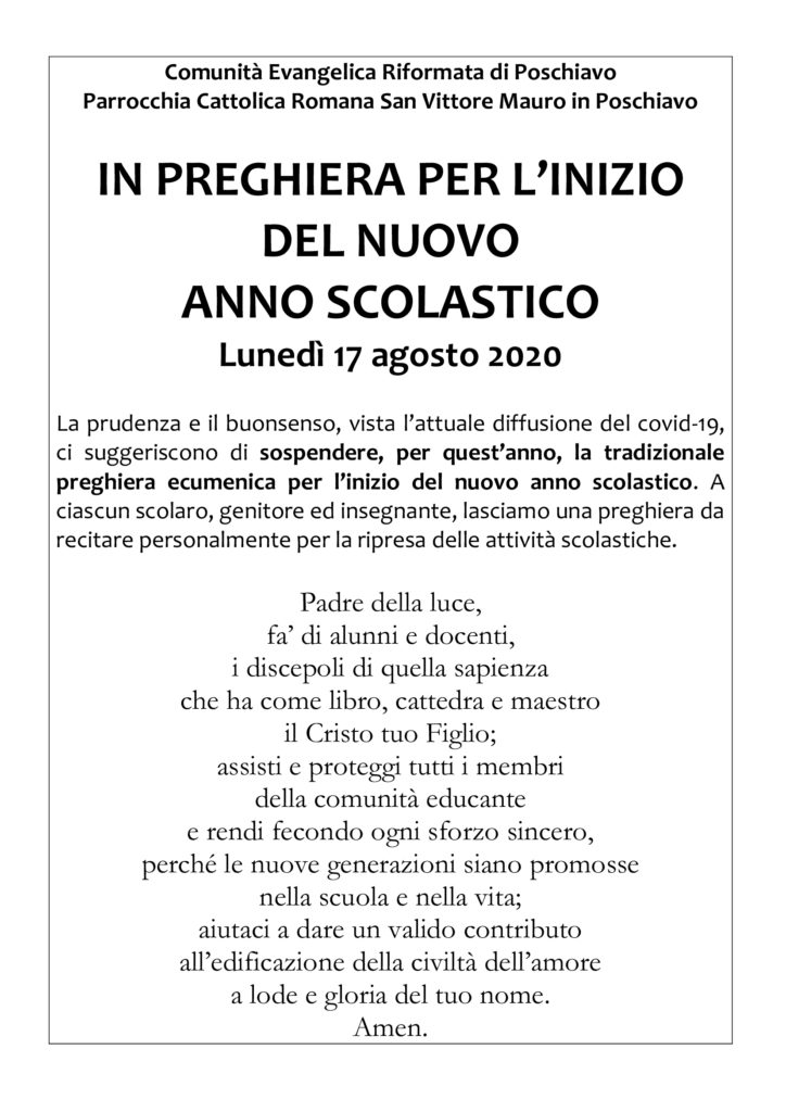 Preghiera di inizio anno scolastico 2020